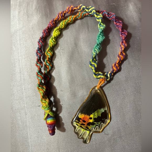 Handmade Jewelry - Preserved Butterfly Wing Pendant on Croqueted Rainbow Cord